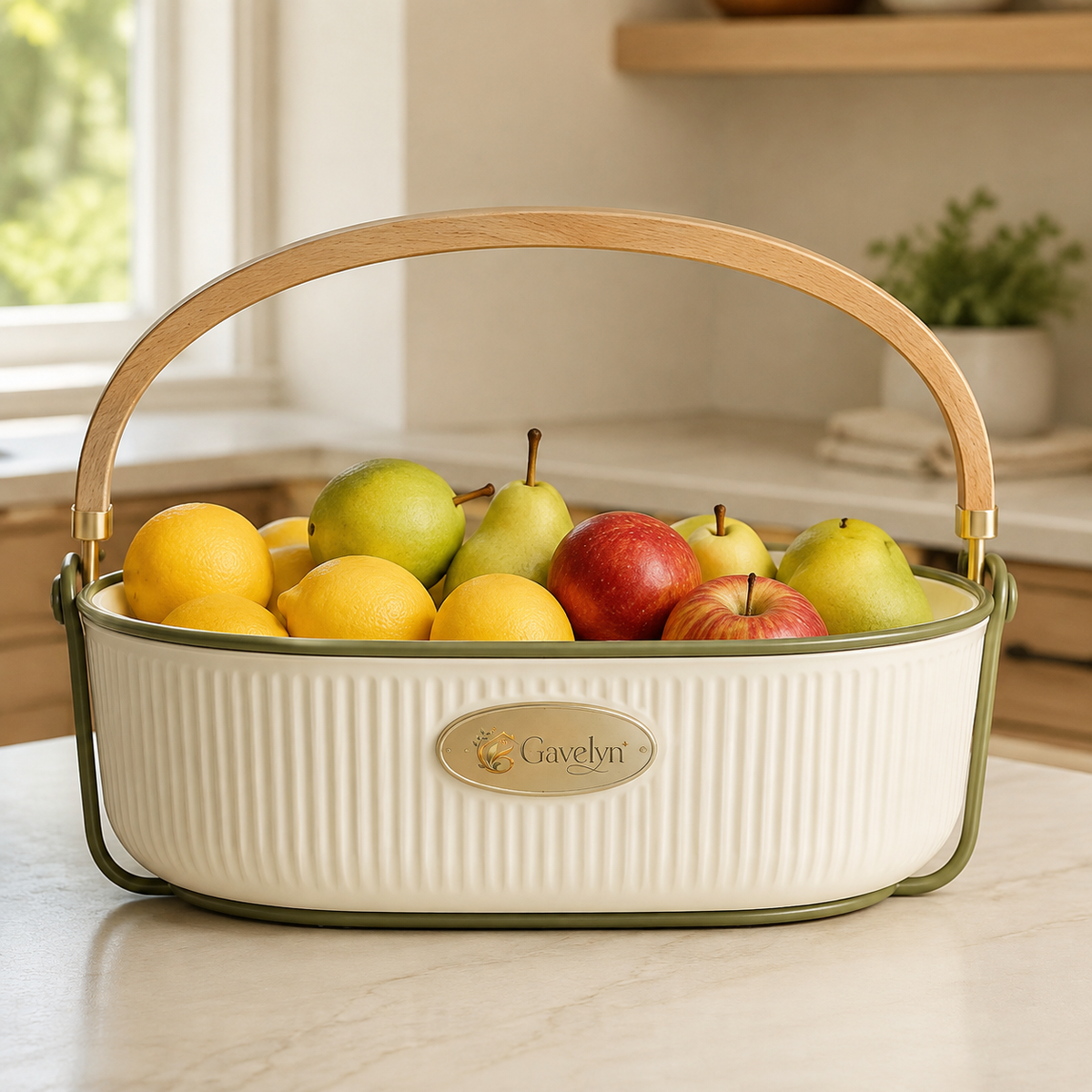 Gavelyn HarvestArc Ceramic Countertop Produce Basket with Wood Handle