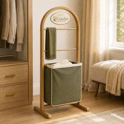 Gavelyn SerenityArc Bathroom Valet Stand with 2 Towel Rails & Removable Laundry Bag