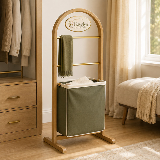 Gavelyn SerenityArc Bathroom Valet Stand with 2 Towel Rails & Removable Laundry Bag
