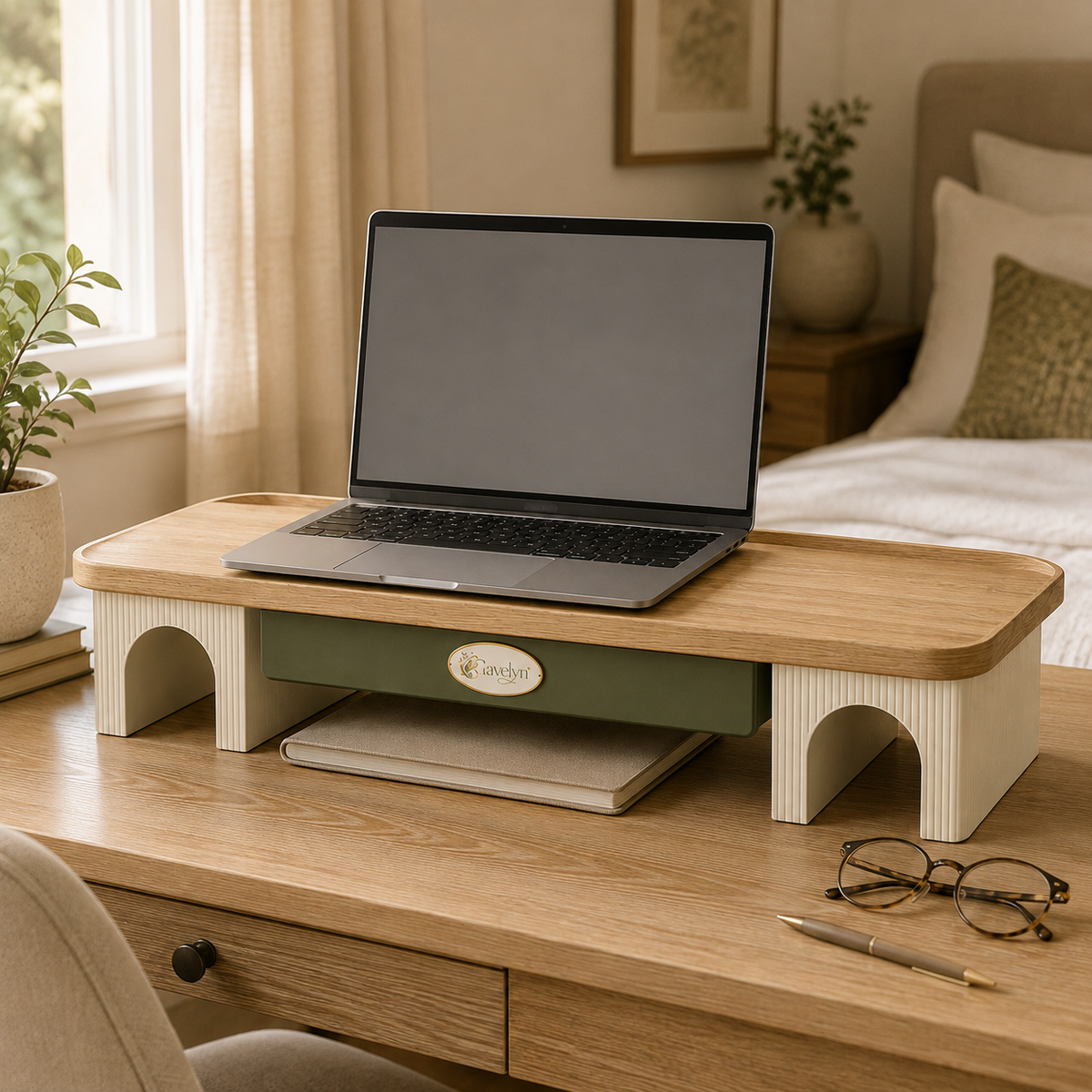 Gavelyn QuietRise Desktop Monitor Stand with Storage Drawer & Keyboard Space