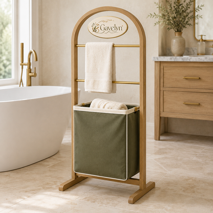 Gavelyn SerenityArc Bathroom Valet Stand with 2 Towel Rails & Removable Laundry Bag