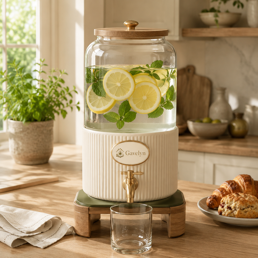 Gavelyn SavorFlow Glass Beverage Dispenser with Wood Pedestal & Gold-Tone Spigot