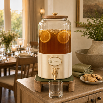 Gavelyn SavorFlow Glass Beverage Dispenser with Wood Pedestal & Gold-Tone Spigot