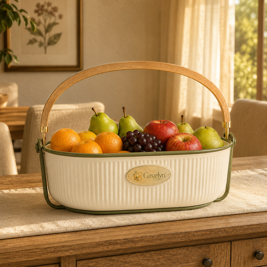 Gavelyn HarvestArc Ceramic Countertop Produce Basket with Wood Handle