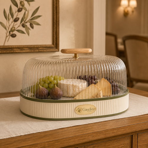 Gavelyn SavorCove Oval Glass Serving Cloche with Fluted Ceramic Base