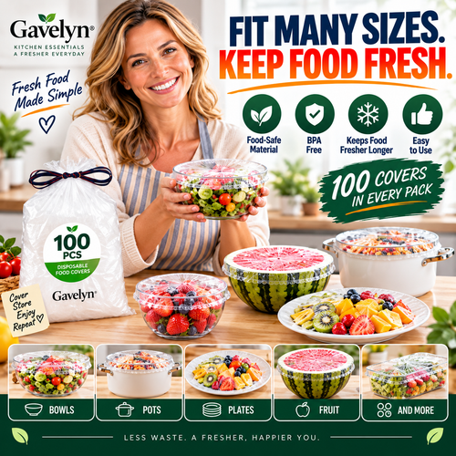 🏅 Gavelyn® 100-Piece Stretch Food Covers – Quick Fit for Bowls, Plates & More