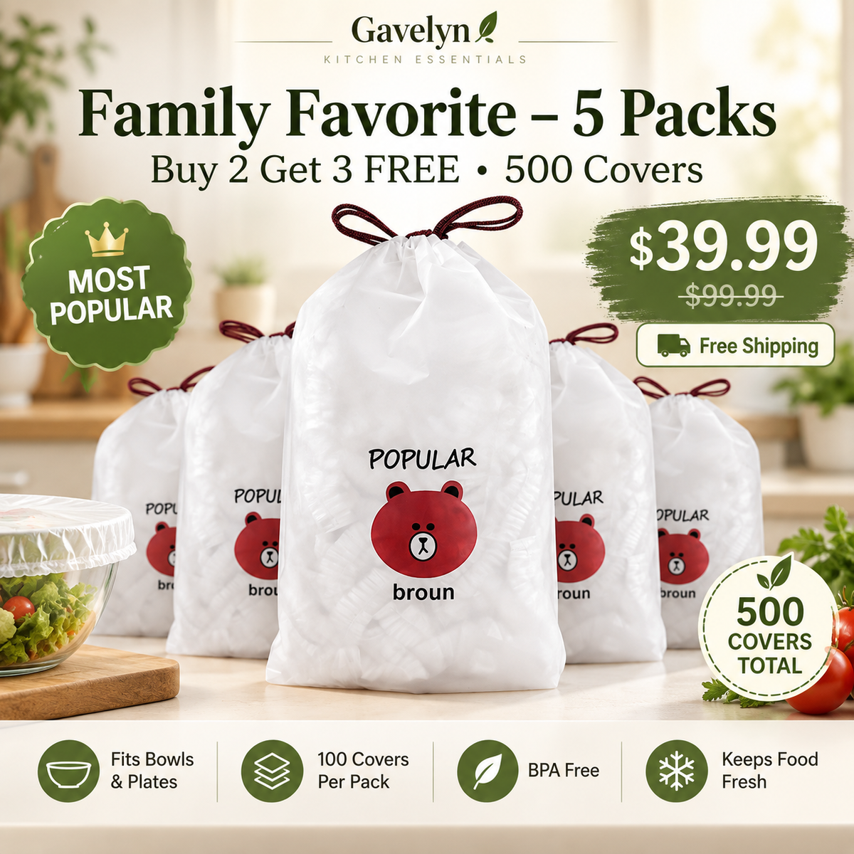 🏅 Gavelyn® 100-Piece Stretch Food Covers – Quick Fit for Bowls, Plates & More