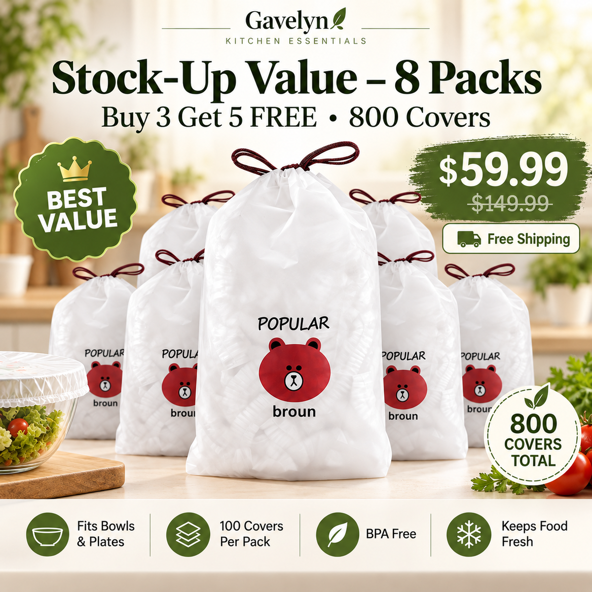 🏅 Gavelyn® 100-Piece Stretch Food Covers – Quick Fit for Bowls, Plates & More